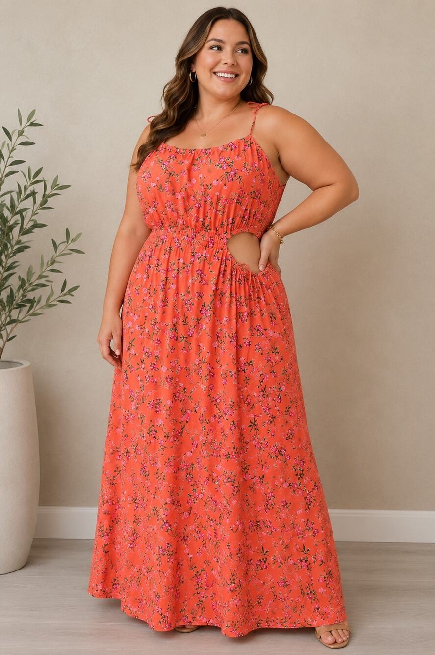J Crew Women's Cutout Maxi Summer Dress Coral Floral Beach XL Spaghetti Strap